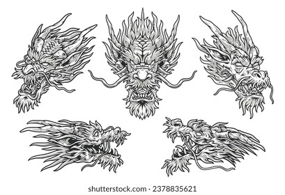 Dragon faces set logotypes monochrome with monster from Chinese or asian culture with threatening emotions and huge horns vector illustration