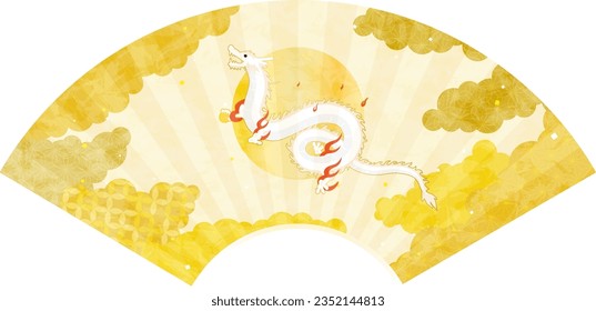Dragon, Fan Frame of the Chinese Zodiac for the Year of the Dragon 2024, Japanese Pattern Sea of Clouds Backgrounds Web graphics, Vector Illustration