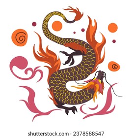 Dragon fantasy character, fiery reptile or beast breathing fire and flames. Isolated personage with scale and claws. Chinese culture and mythological tradition, culture. Vector in flat style