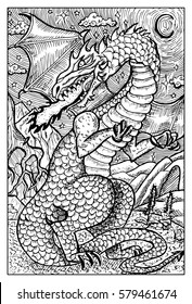 Dragon. Fantasy creatures collection. Hand drawn vector illustration. Engraved line art drawing, black and white doodle