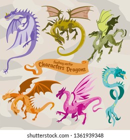 Dragon fantasy illustrations vector eps format, fictional character creatures lot 2