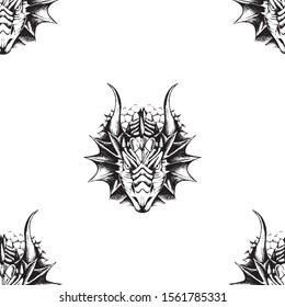 Dragon fantasy sketch seamless pattern. Animal background black and white