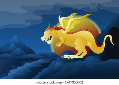 Dragon In A Fantasy World - Vector Illustration