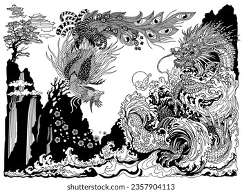 Dragon and Feng Huang or Chinese phoenix are depicted playing with or chasing a pearl. Landscape with waterfall waves and sakura blossom. Feng shui theme. Vertical orientation. Black and white vector