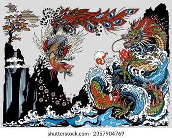 Dragon and Feng Huang or Chinese phoenix are depicted playing with or chasing a pearl. Landscape with waterfall waves and sakura blossom. Feng shui theme. Vertical orientation. Vector illustration