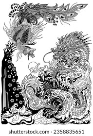 Dragon and Feng Huang or Chinese phoenix are depicted playing with or chasing a pearl. Landscape with waterfall waves and sakura blossom. Feng shui theme. Vertical orientation. Black and white vector