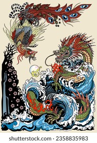 Dragon and Feng Huang or Chinese phoenix are depicted playing with or chasing a pearl. Landscape with waterfall waves and sakura blossom. Feng shui theme. Vertical orientation. Vector illustration