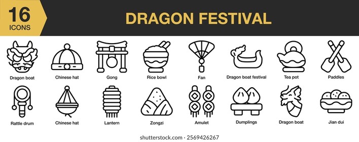 Dragon Festival icon set. Includes traditional, festival, zongzi, dragon boat, duanwu, chinese, and More. Outline icons vector collection.