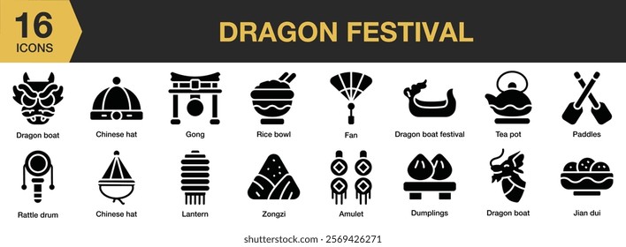 Dragon Festival solid icon set. Includes traditional, festival, zongzi, dragon boat, duanwu, chinese, and More. Solid icons vector collection.