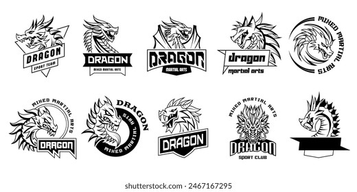 Dragon. Fight club badges with stylized dragon illustrations recent vector lizard pictures