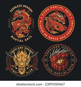 Dragon fight club colorful set stickers with writhing snake and asian katanas for promotional section mixed martial arts vector illustration