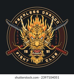 Dragon fight club flyer colorful with head of mythical predator and two crossed asian swords in round frame vector illustration