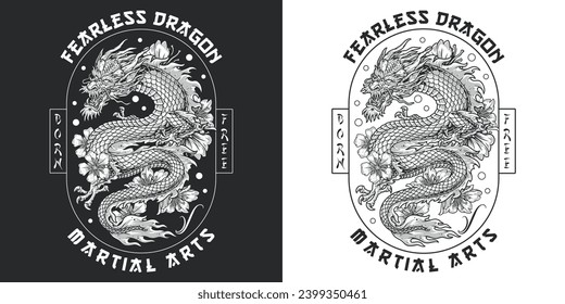 Dragon fight club monochrome poster with aggressive fantastic reptile and flowers near inscription martial arts vector illustration