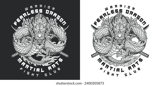 Dragon fight club monochrome poster with monster from Japanese or chinese stories and katanas for mixed martial arts vector illustration