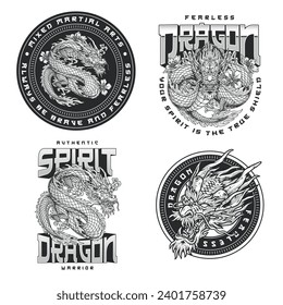 Dragon fight club monochrome set flyers with authentic monster for MMA ring or gym interior design vector illustration