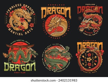 Dragon fight club set flyers colorful fearless monster inviting to join MMA community and practice mixed martial arts vector illustration