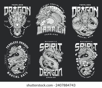 Dragon fight club set flyers monochrome wriggling MMA reptile near flower petals and inscriptions about mixed martial arts vector illustration