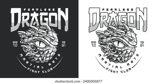 Dragon fight club sticker monochrome with eye fearless monster inviting to visit gym for mixed martial arts fighters vector illustration
