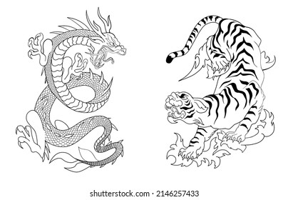 dragon fighting with tiger around yin yang symbol tattoo illustration