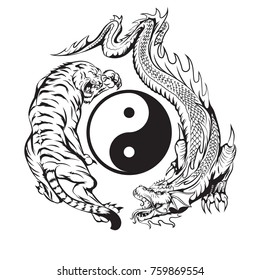 dragon fighting with tiger around yin yang symbol tattoo illustration