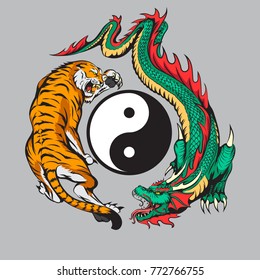 dragon fighting with tiger around yin yang symbol tattoo illustration