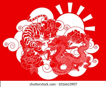 Dragon fighting with tiger tattoo.Dragon and tiger on cloud and red rising sun.