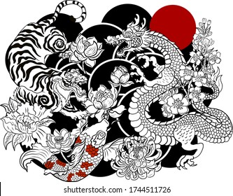 Dragon fighting with tiger tattoo.Dragon and tiger on cloud and red rising sun.Koi fish vector illustration for printing on shirt.Japanese culture for painting on background.