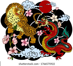 Dragon fighting with tiger tattoo.Dragon and tiger on cloud and red rising sun.vector illustration for printing on shirt.Japanese culture for painting on background.