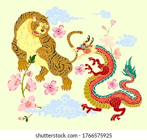 Dragon fighting with tiger tattoo.Dragon and tiger on cloud and red rising sun.vector illustration for printing on shirt.Japanese culture for painting on background.