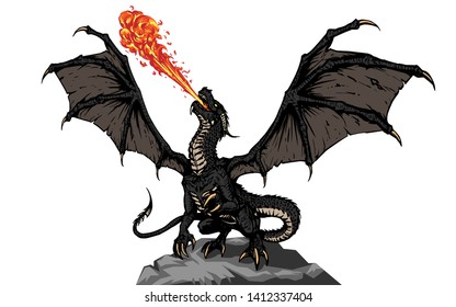 Pequeno dragão borrifou fogo de sua boca. ilustração de desenho vetorial no  estilo de ícone plano