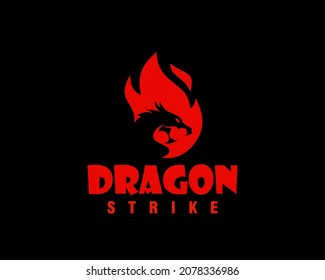 Dragon Fire Flame Logo Template Vector Design Style Negative Space. Monster Strength Reptile Silhouette Logotype Concept Icon.