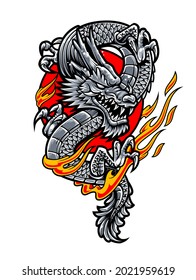 Dragon with fire flames in red circle. Japanese tattoo style vector art.