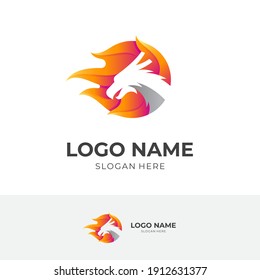 dragon fire logo, dragon and fire, combination logo with 3d orange and silver color style