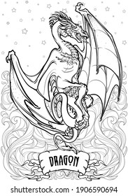 Dragon flapping his wings over a fire flames. Black and white drawing. Coloring book page. EPS10 vector illustration