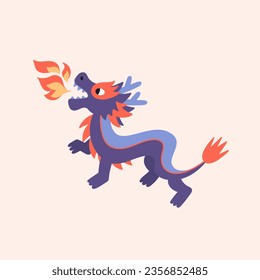 Dragon flat cartoon style. Oriental fantasy animal isolated on beige background. Vector illustration with asian fairytale character. Chinese zodiac sign. New year symbol. 
