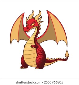 Dragon Flat Vector Illustration, Red and Gold Scales, Fierce Head, Large Wings, Stylized Design, Clean Lines, Minimalist Look, White Background