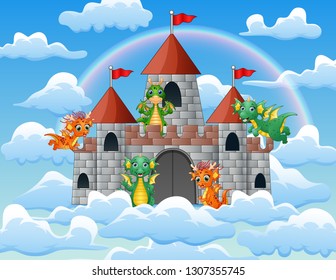The dragon flew around the fairy tale palace on the cloud
