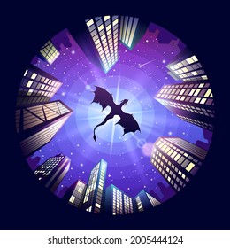 The dragon flies over the city. City of the future. City landscape with a flying dragon. Illustration for cover, advertisement, banner. Mobile theme or wallpaper. Stock vector illustration.