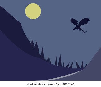 dragon flies produced a full moon over the hills, river and forest