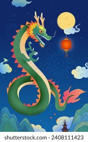 Dragon floating in the night sky with full moon, lantern, and clouds among mountains landscape.