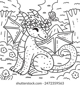 Dragon with Flower Crown Coloring Page for Kids