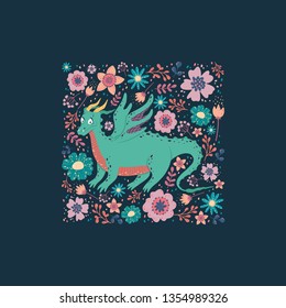 Dragon with the flowers card design.Childish background with a dragon in a square frame. Can be used poster, greeting card, gift, banner, textile, T-shirt, mug.