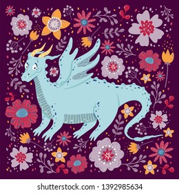 Dragon with the flowers card design.Childish background with a dragon in a square frame. Can be used poster, greeting card, gift, banner, textile, T-shirt, mug.