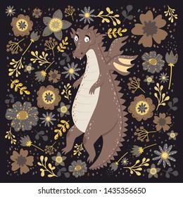 Dragon with the flowers card design.Childish background with a dragon in a square frame. Can be used poster, greeting card, gift, banner, textile, T-shirt, mug.