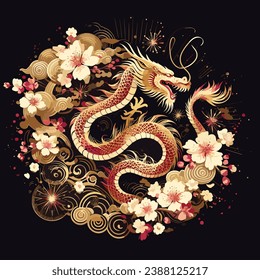 Dragon and flowers. New year vector card dragonfly. Vector illustration with dragon and flowers. Chinese zodiac