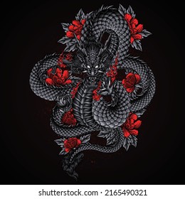 dragon with flowers vector illustration