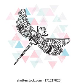 Ilustración dibujada a mano por la mosca del dragón en el diseño de la cubierta de fondo geométrico de la postal en el vector