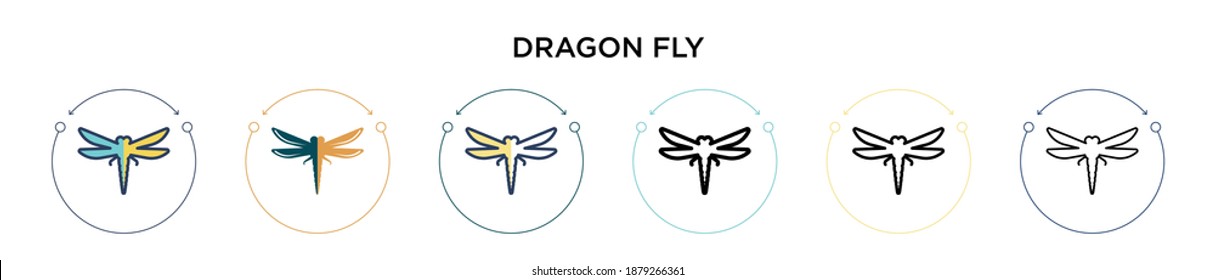 Icono de la mosca del dragón en estilo relleno, delgado, contorno y trazo. Ilustración vectorial de dos íconos vectores de mosca de dragón de color y negro se puede utilizar para móviles, ui, web