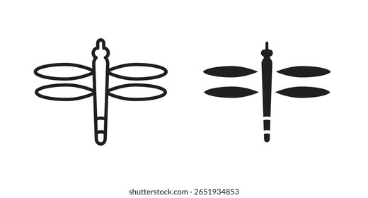 Dragon fly icon. Flat and stroke versions. Graphic elements.
