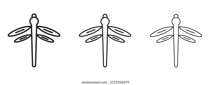 Conjunto de pictograma negro con logotipo de mosca de dragón. arte de contorno de línea delgada.